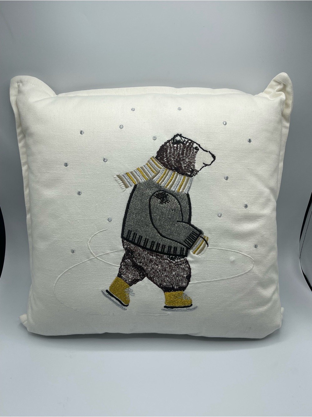Threshold Embroidered Ice Skating Bear Pillow - White, Gray, Brown, Mustard